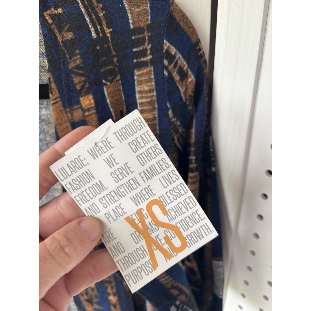 NWT Lularoe Sarah Duster Cardigan XS Blue Brown Geometric Print - Picture 4 of 7
